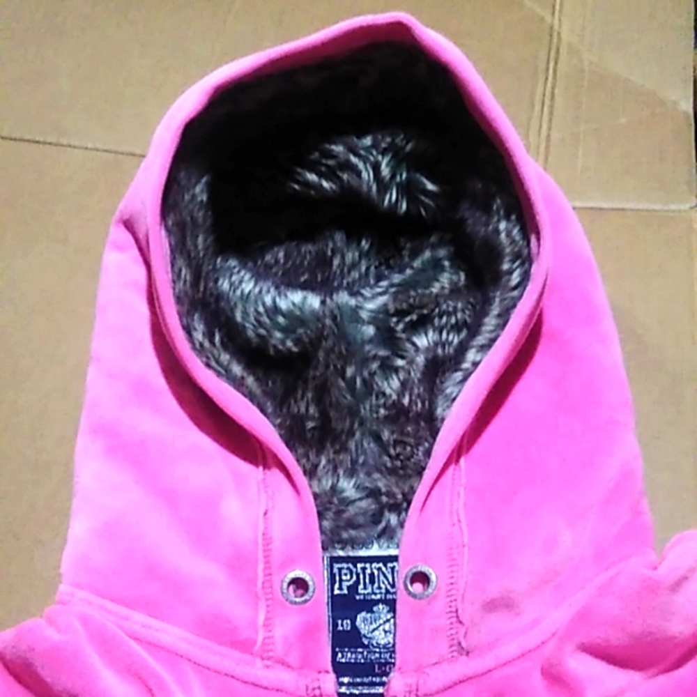 PINK Victoria's Secret Hoody Sweater Size L 1986 Invite Only faux fur & sequins - Picture 8 of 12